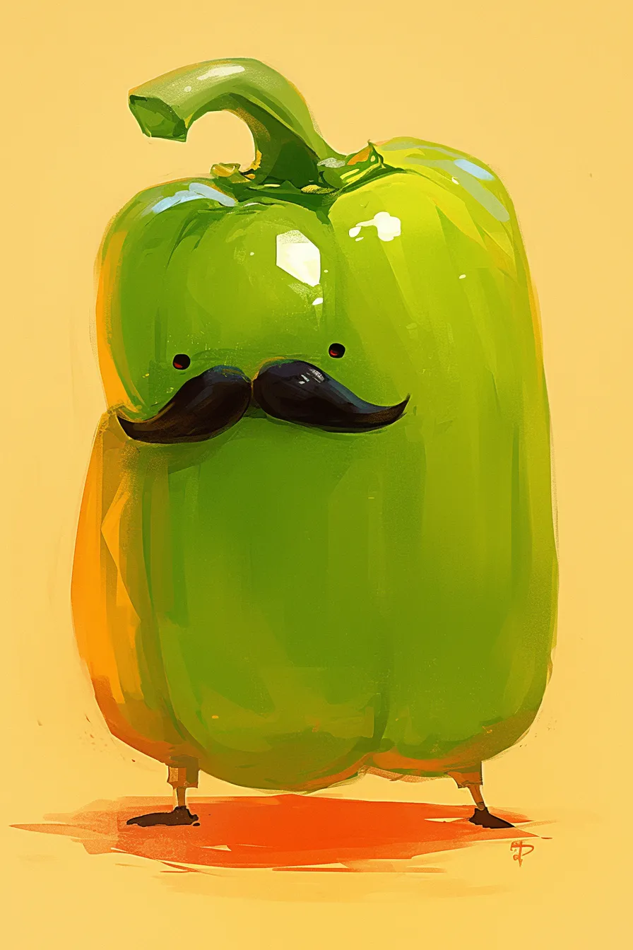ユーモラスなキャラクターピーマンの絵｜ひげをつけたユーモラスな表情のピーマンを描いたピーマンの絵です。遊び心あふれるデザインで、親近感や楽しさを伝えるビジネス写真素材として活用可能です。