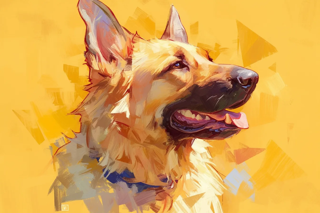 元気な犬の絵のポートレート｜力強い筆致で描かれた犬の絵は、明るい背景と相まって活発で躍動感あふれる雰囲気を演出しています。広告や表紙素材として映える存在感を持ち、ビジネス写真素材として印象を強めるデザイン性が魅力です。