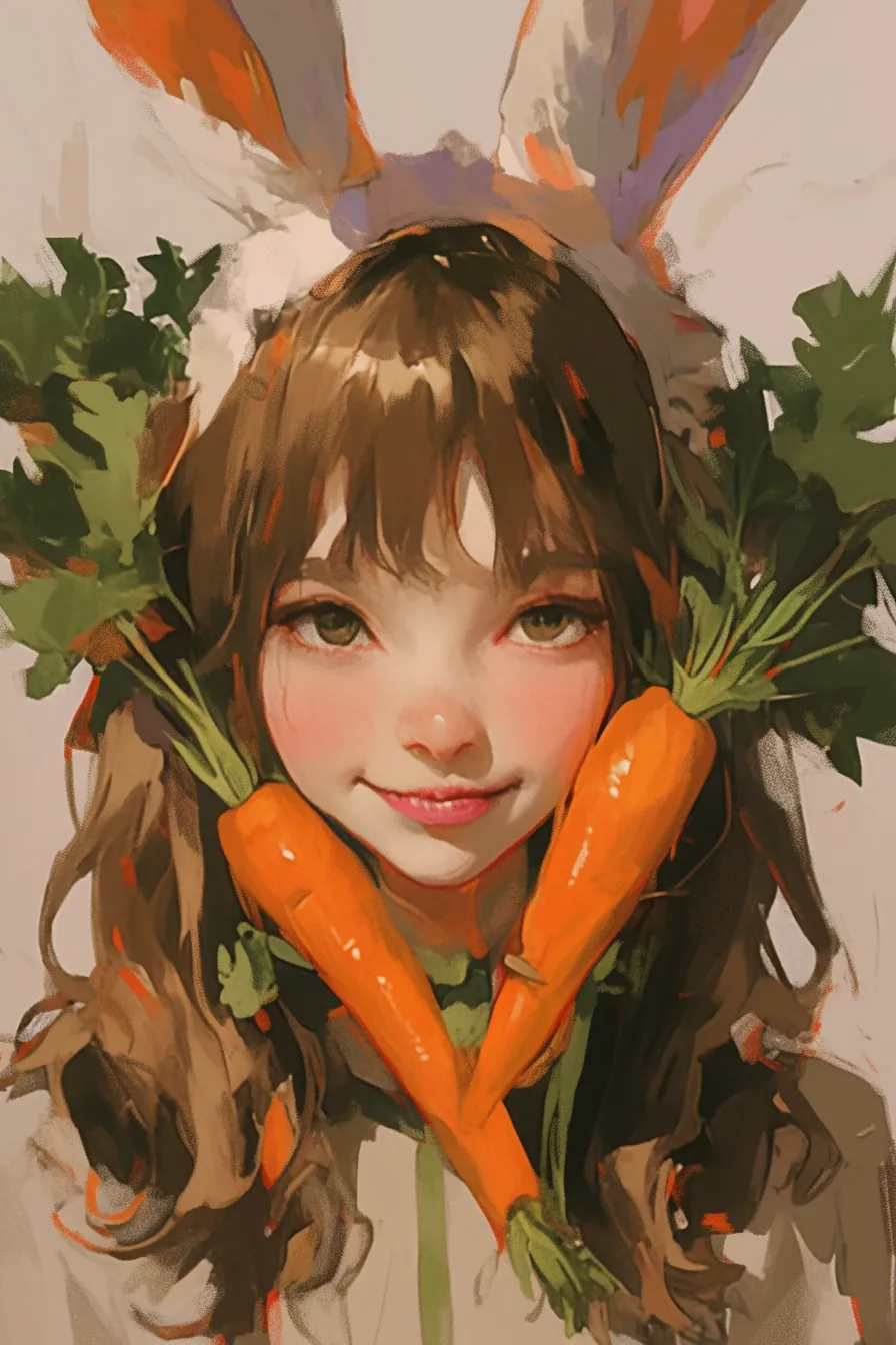 人物と野菜が融合したにんじんの絵｜うさぎの耳をつけた人物と鮮やかなにんじんを組み合わせたユニークなにんじんの絵です。斬新な発想が広告やビジュアル表現のビジネス写真素材として魅力的です。