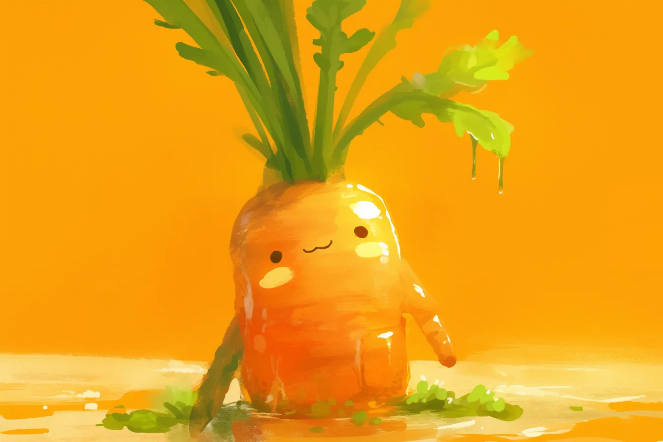 ポップで愛らしいキャラクターにんじんの絵｜顔が描かれたにんじんが親しみやすく表現されたにんじんの絵です。明るくかわいらしいタッチが特徴で、子ども向けや親近感を重視するビジネス素材に適しています。