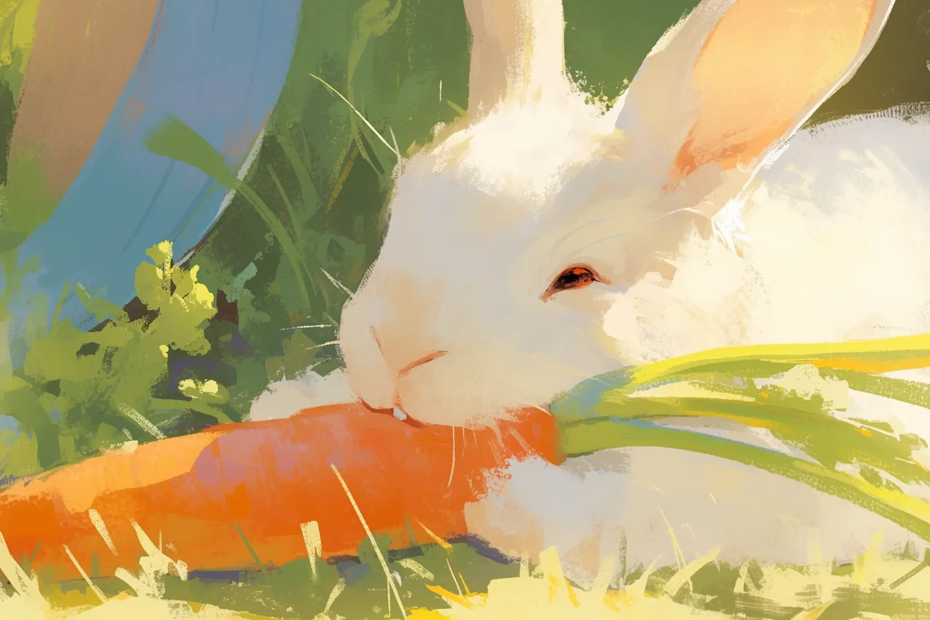 うさぎが食べる自然なにんじんの絵｜草むらでうさぎがにんじんをかじる姿を描いたにんじんの絵です。柔らかな光と自然な描写が温かさを演出し、動物や農業関連のビジネス写真素材として効果的です。