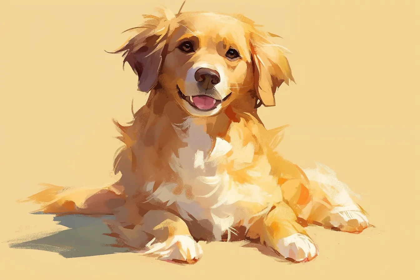 可愛らしい犬の絵の笑顔｜柔らかなタッチで描かれた犬の絵は、温かみのある色彩と優しい表情が特徴です。親しみやすい雰囲気が企業の広告や商品プロモーションに適しており、信頼感を表現できるビジネス写真素材です。