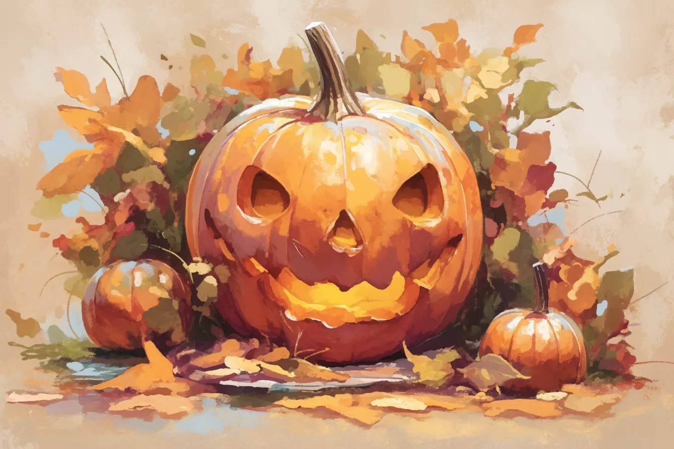 秋色に映えるジャックオランタンかぼちゃの絵｜紅葉と共に飾られたジャックオランタンを描いたかぼちゃの絵です。柔らかいタッチと温かみのある色合いが特徴で、季節感を伝えるビジネス素材に最適です。