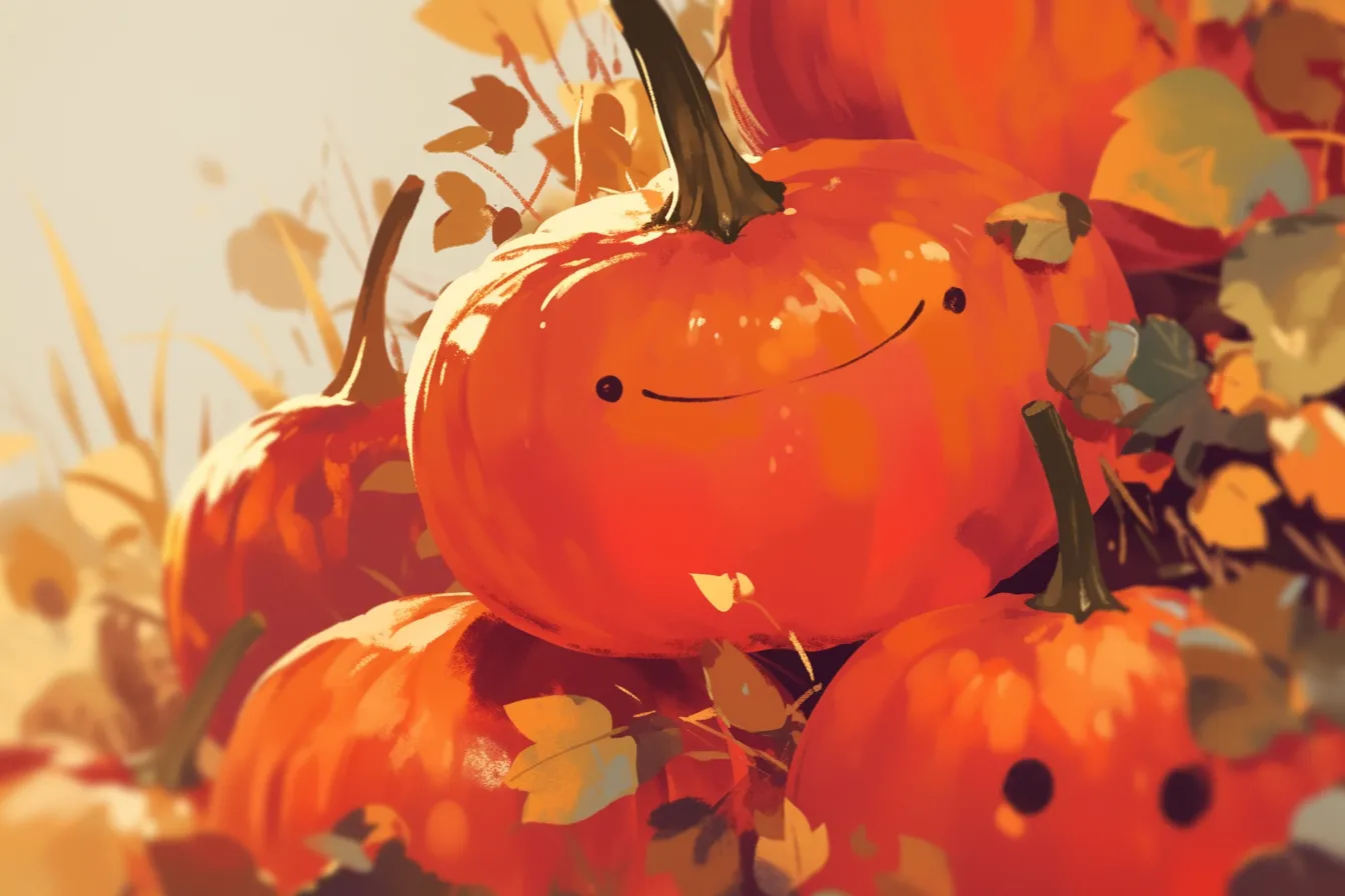 かわいい笑顔を浮かべたかぼちゃの絵｜スマイルを描かれた親しみやすいかぼちゃの絵です。ポップで明るいタッチが特徴で、子ども向けイベントや親近感を与えるビジネス素材に適しています。