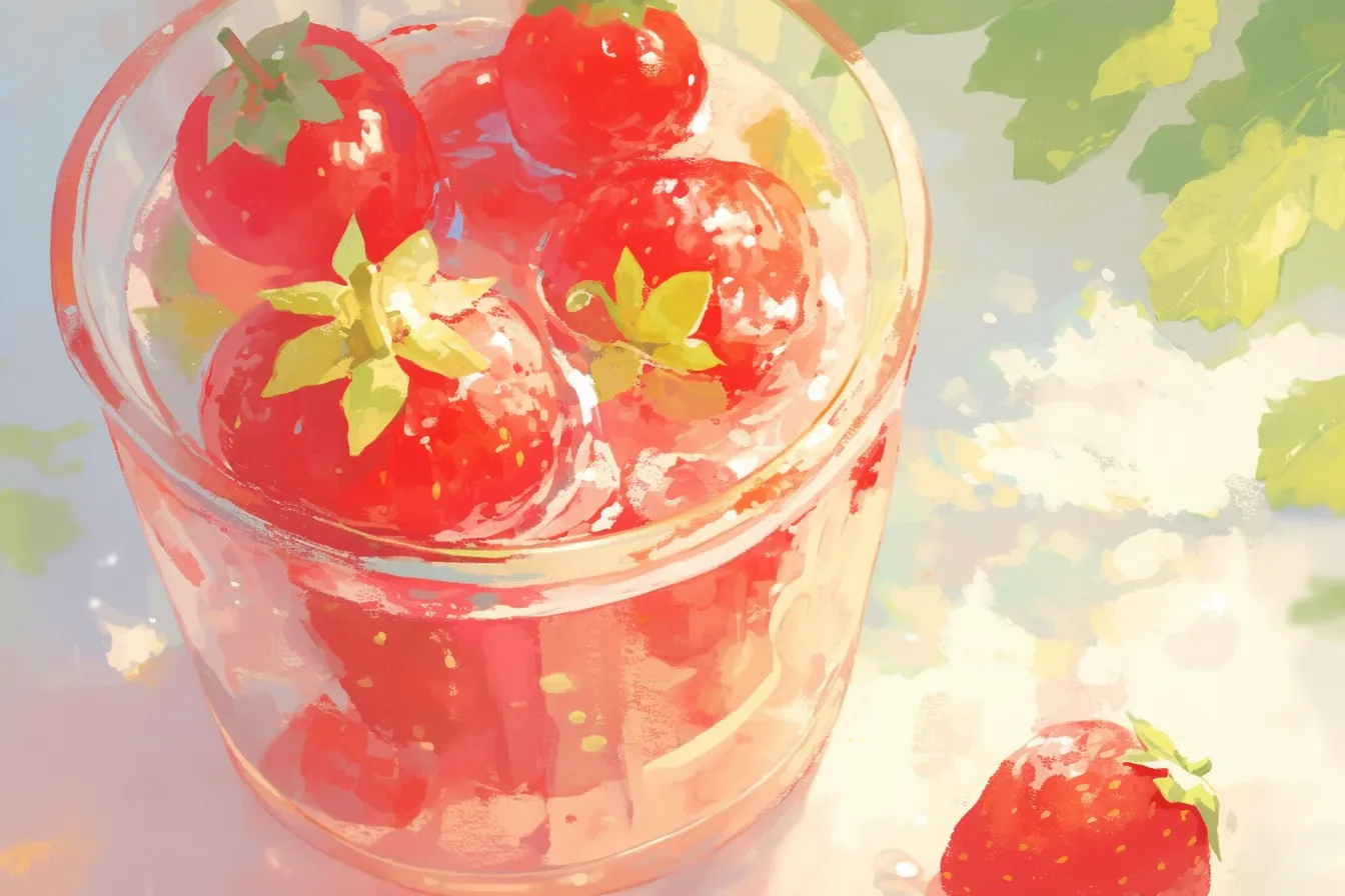 透明感あふれる夏らしいいちごの絵｜ガラスのコップに浮かぶ鮮やかな赤い果実がみずみずしく描かれ、清涼感を演出しています。柔らかな光の表現が爽やかな印象を与え、飲料やフレッシュ素材を表現するビジネス用途に活かしやすい作品です。