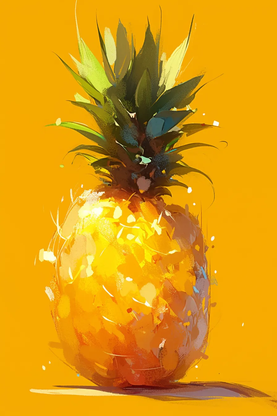 明るい黄色背景のパイナップルの絵｜温かみのある黄色を背景にしたパイナップルの絵は、柔らかな筆致で軽快な雰囲気を表現しており、明るい印象を与えるビジネス素材として使えます。