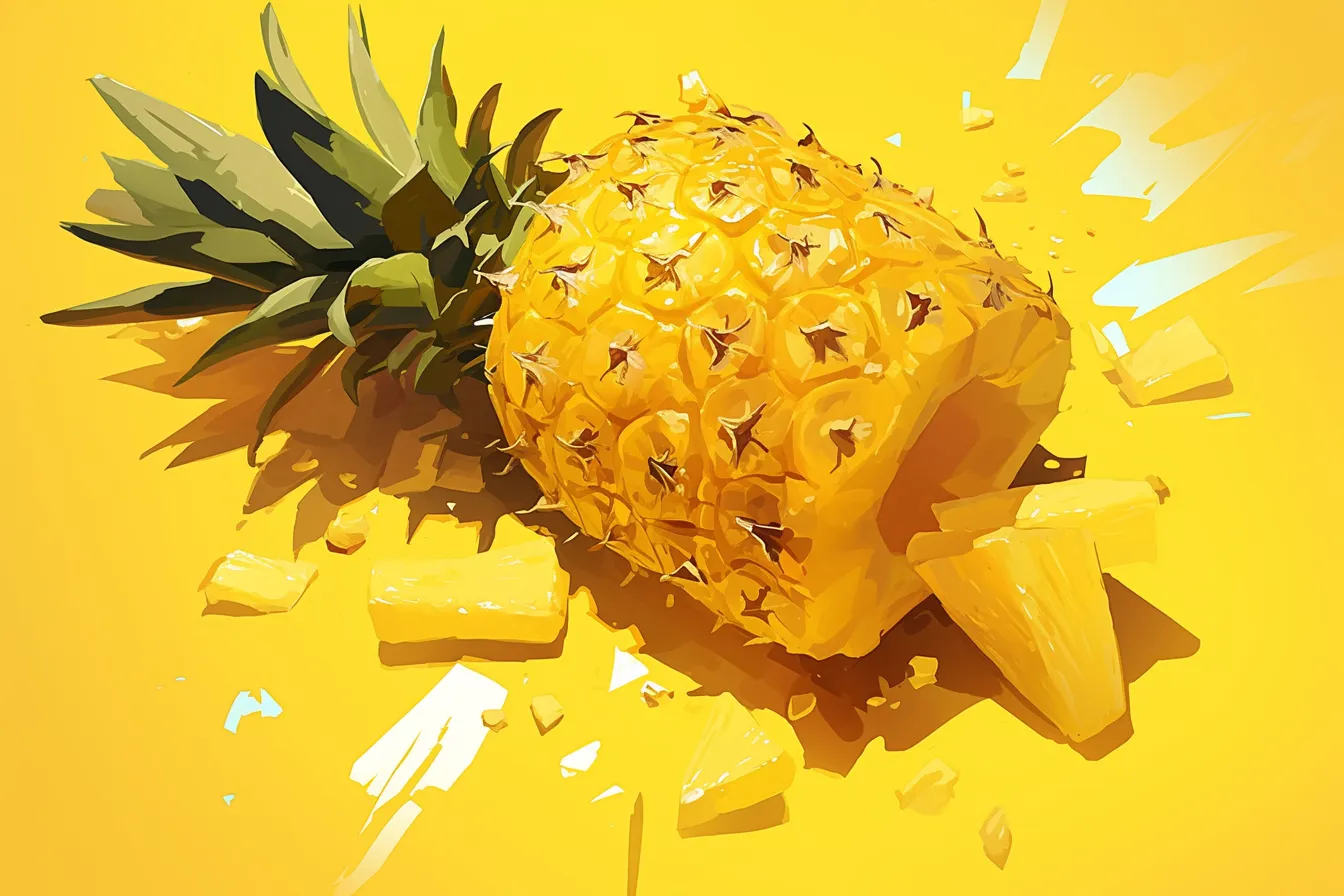 カットされたパイナップルの絵｜パイナップルをカットしたシーンを描いた絵で、果実の鮮度やジューシーさが表現され、飲食関連のビジネス素材として非常に効果的です。