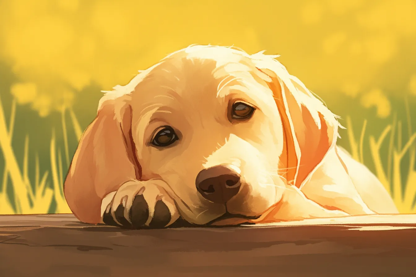 優しい眼差しの犬の絵｜黄緑の背景と淡い光の描写が印象的な犬の絵は、癒やしや安心感を視覚的に伝えます。シンプルで清潔感があるため、医療や教育関連の広告にも適したビジネス写真素材です。