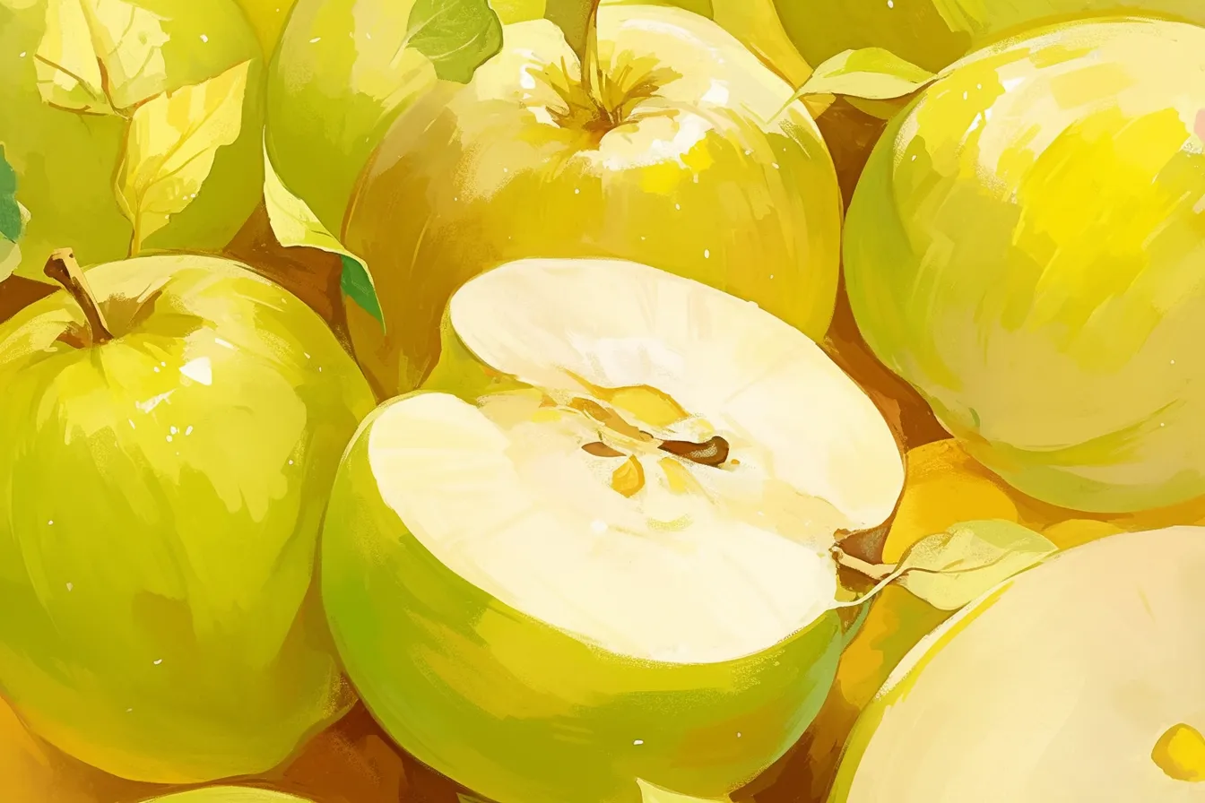 黄リンゴが並ぶ瑞々しいリンゴの絵｜爽やかな黄リンゴが群れで描かれ、そのうちのひとつが切り口を見せています。瑞々しさが強調されており、ビジネス写真素材として健康食品や果実関連のプロモーションに活用しやすい雰囲気です。