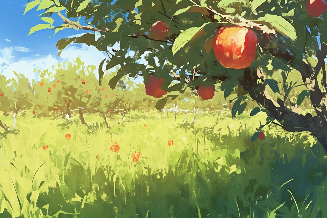 リンゴの木が広がる果樹園のリンゴの絵｜青空の下でリンゴの木が広がり、たわわに実った果実が描かれています。広がりのある風景が季節感と自然の豊かさを表現し、ビジネス写真素材として観光や農業のプロモーションに向いています。