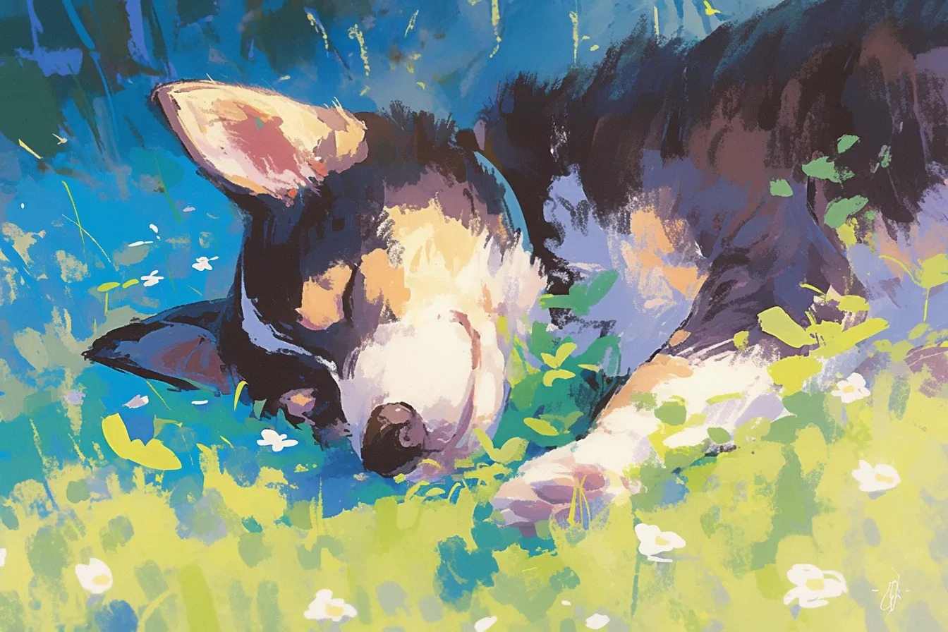 安らぎを感じる犬の絵｜草原に横たわる犬の絵は、リズミカルな筆致と鮮やかな配色でリラックス感を演出しています。温かいイメージが福利厚生やリゾート関連の表現に適したビジネス写真素材です。