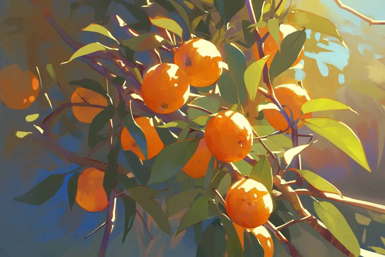 夕陽に照らされたみかんの絵｜暖かな光と影のコントラストが際立つみかんの絵は、季節感と自然の恵みを強調するビジネス写真素材です。温かみのある表現で食品や農業関連に適しています。