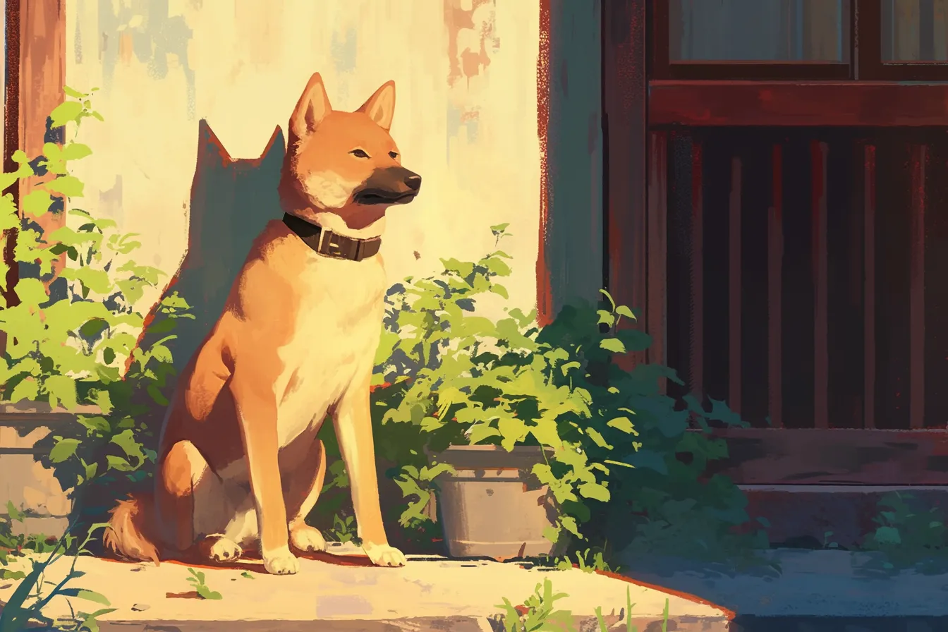 堂々とした犬の絵の立ち姿｜建物前で座る犬の絵は、光と影のコントラストが印象的で力強さを感じさせます。誠実さや守りの象徴として、セキュリティや信頼性を強調するビジネス写真素材として活用可能です。