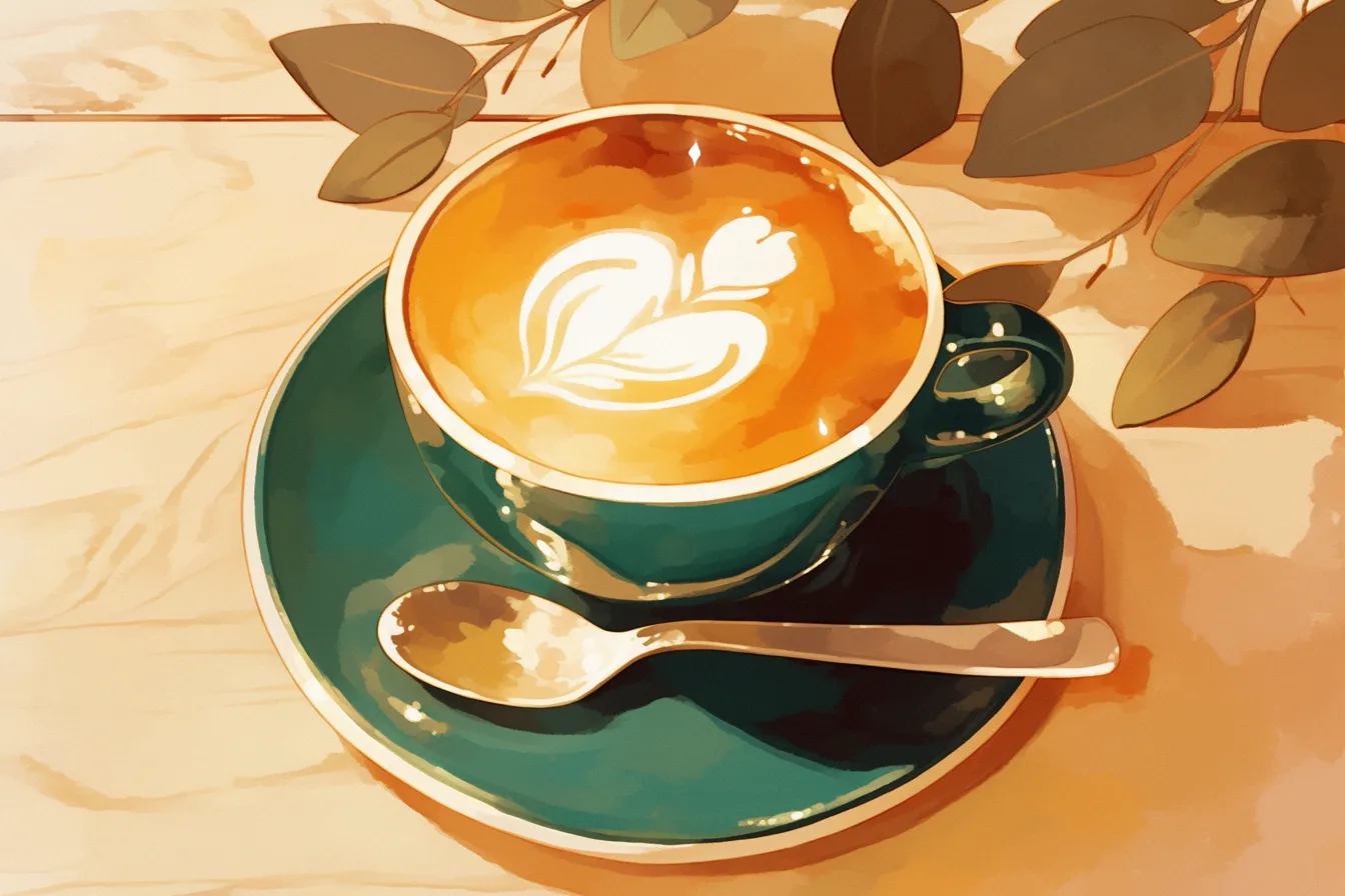 ラテアートが映えるコーヒーの絵｜柔らかな筆致で描かれたカップのラテアートが印象的なコーヒーの絵は、温かみと洗練を兼ね備えたビジネス写真素材です。カフェやライフスタイル提案に最適です。