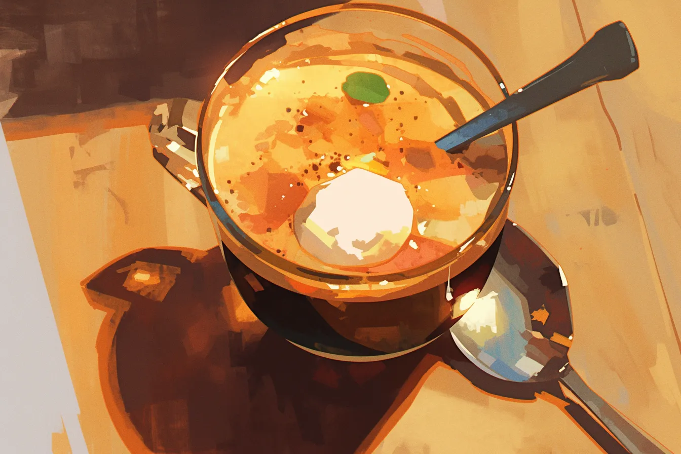 カジュアルな雰囲気のコーヒーの絵｜ガラスカップに映える光と影を大胆に表現したコーヒーの絵は、親しみやすくもおしゃれな雰囲気を演出します。飲料関連の広告やSNS投稿に活用しやすい素材です。