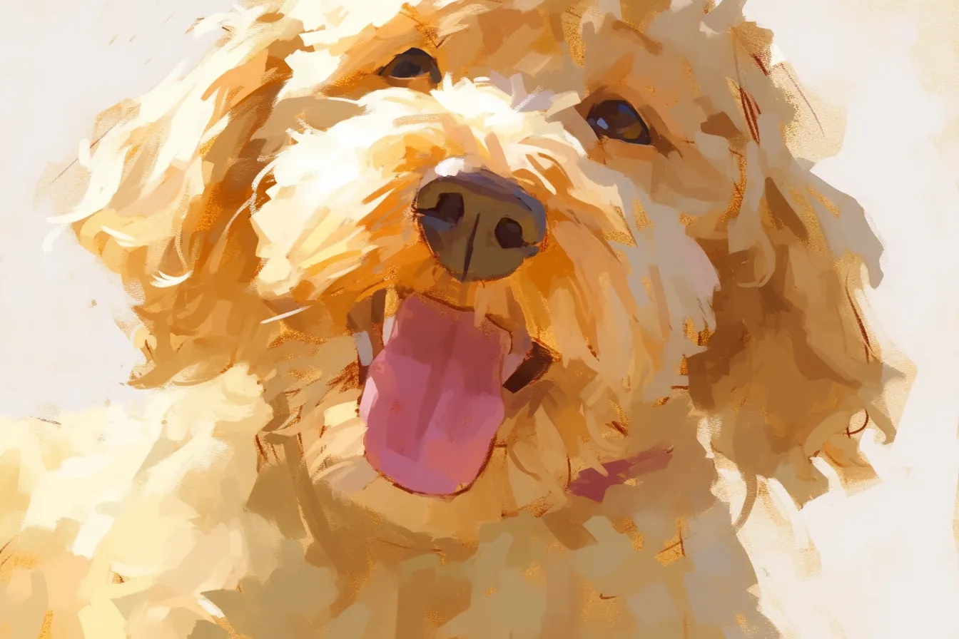 元気いっぱいな犬の絵｜柔らかい筆使いと明るい色彩で描かれた犬の絵は、陽気で活発な雰囲気が際立ちます。親近感を与えるデザインがイベントや商品紹介に適したビジネス写真素材です。