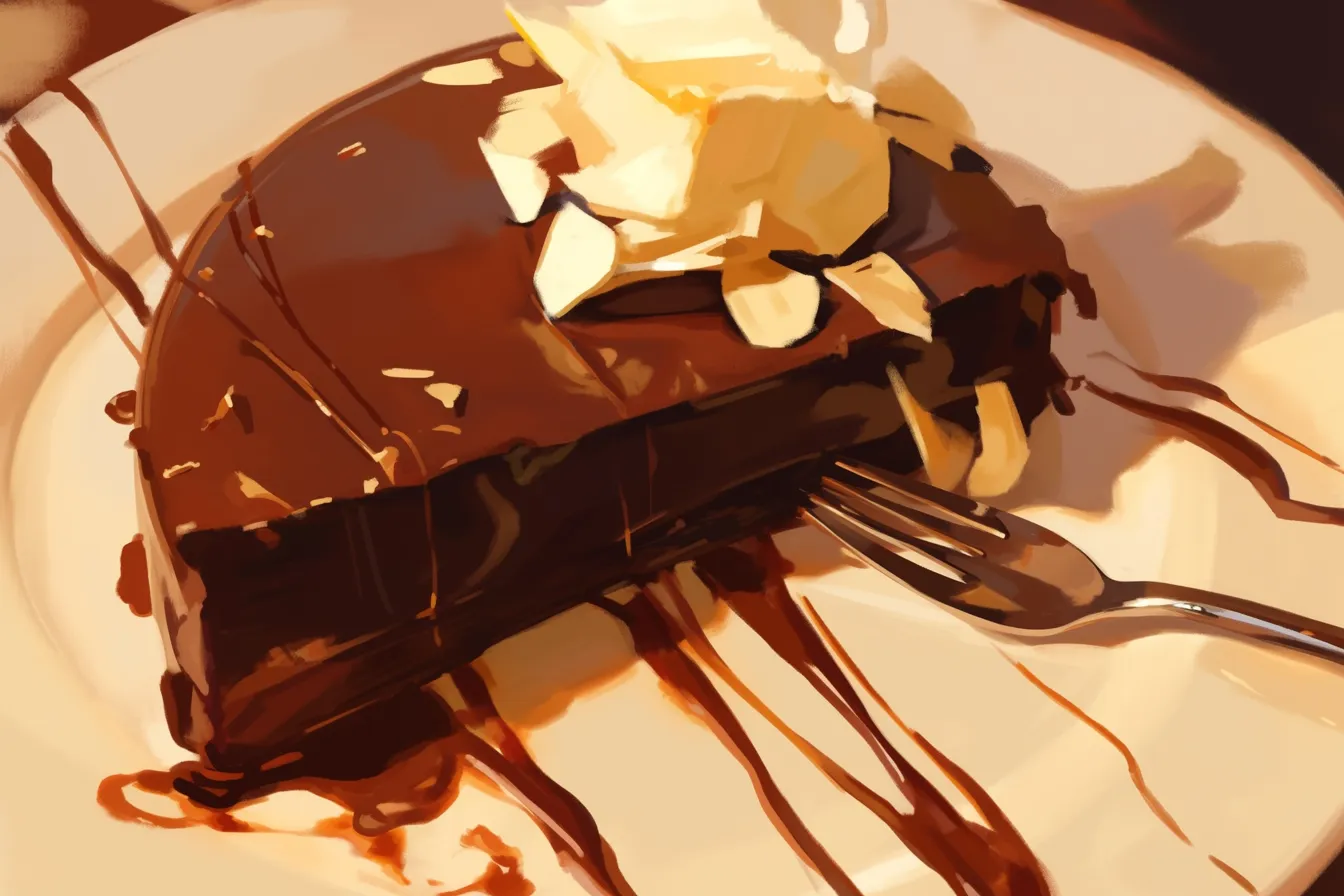 ケーキとクリームが映えるチョコの絵｜濃厚なケーキとホイップが描かれたチョコの絵は、高級感と甘美さを兼ね備えたビジネス写真素材です。デザートやカフェメニューに適しています。
