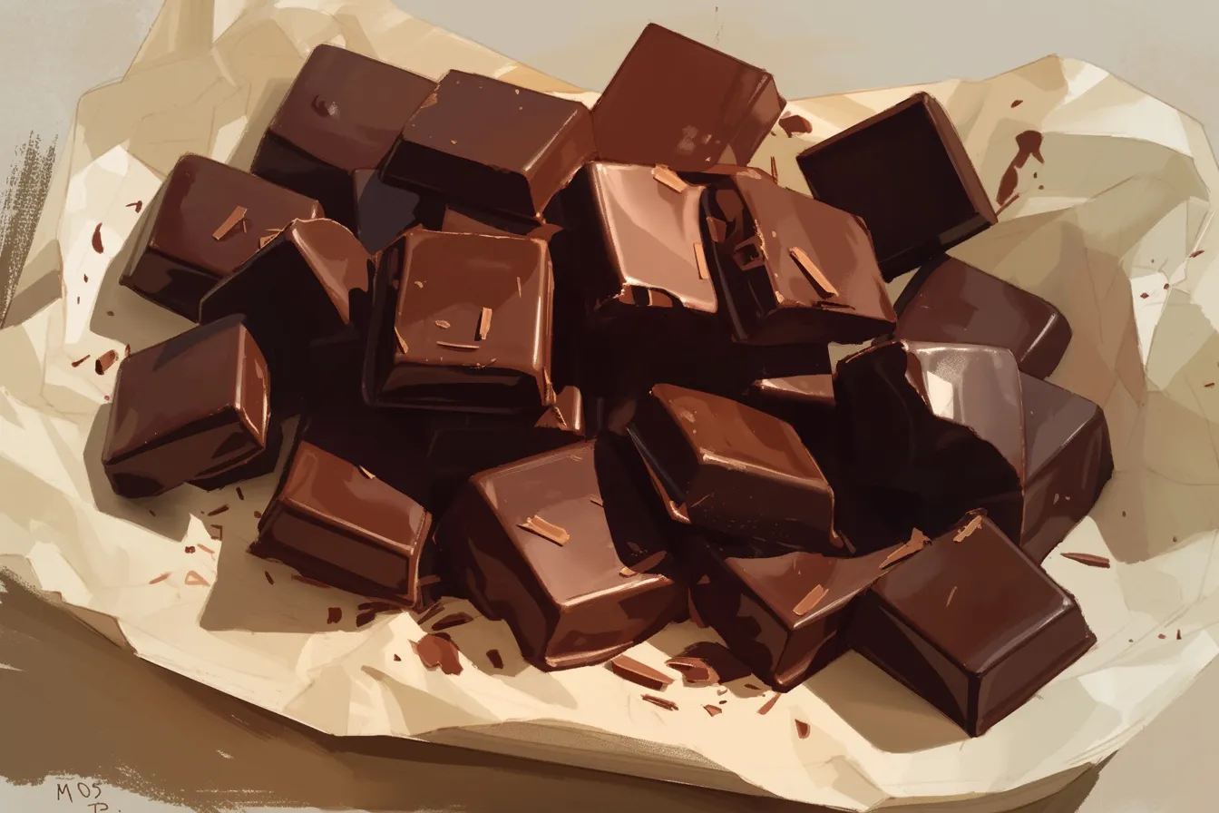 板状の塊がリアルなチョコの絵｜包装紙の上に積み重なった板状の塊を描いたチョコの絵は、シンプルでリアルな印象を与える素材です。製菓関連や広告用に使いやすい表現です。