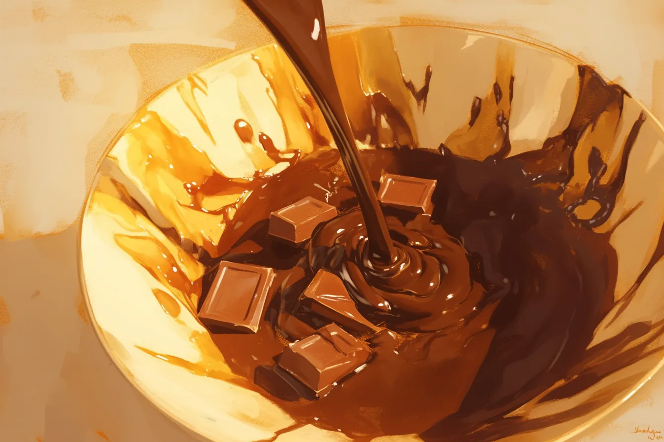 溶け出す瞬間を切り取ったチョコの絵｜熱で溶けて流れる様子を動的に表現したチョコの絵は、臨場感と甘美さを強調するビジネス写真素材です。キャンペーンや映像的演出に活用できます。