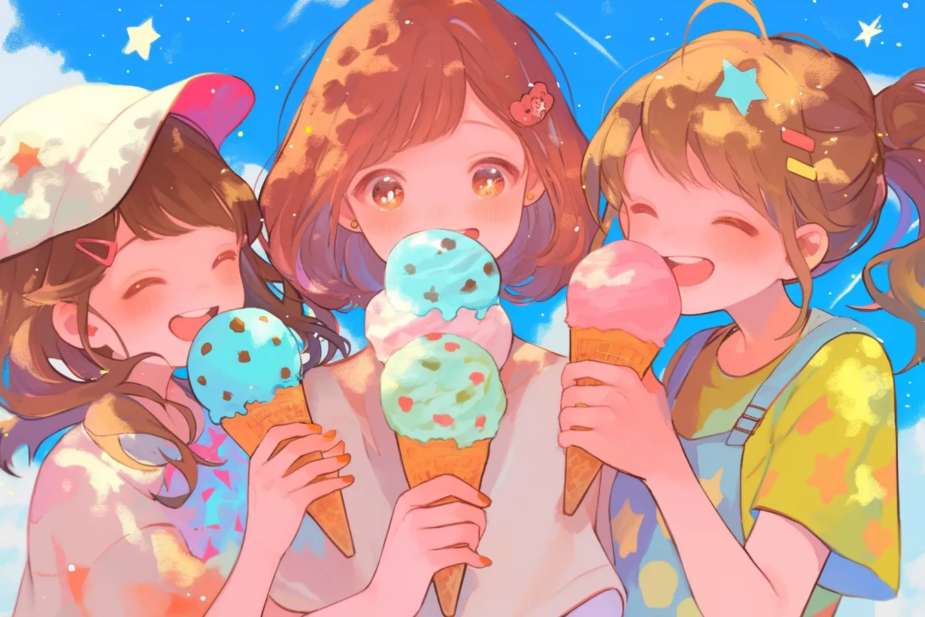笑顔の子どもたちと楽しむアイスの絵｜仲良くアイスを手にした子どもたちが描かれたアイスの絵は、明るく楽しい雰囲気を演出する素材です。家族向けやイベント広告に最適です。