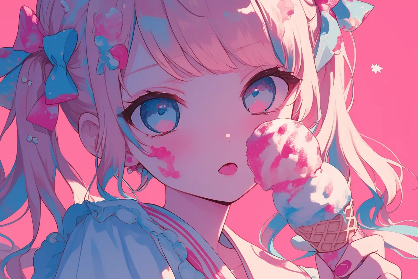 ポップな雰囲気の女の子とアイスの絵｜鮮やかな背景と表情豊かな女の子を中心に描いたアイスの絵は、ポップで可愛らしい印象を強調する素材です。若者向けの広告やSNS活用に適します。