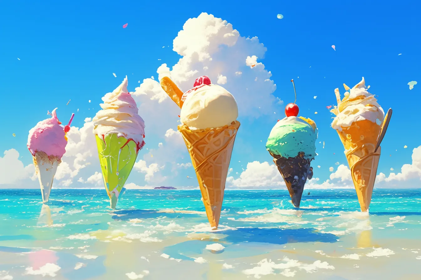 海辺で並ぶカラフルなアイスの絵｜青空と海を背景に色鮮やかなアイスが並ぶアイスの絵は、リゾート感と爽快感を表現するビジネス写真素材です。夏のプロモーションや観光業に活用できます。