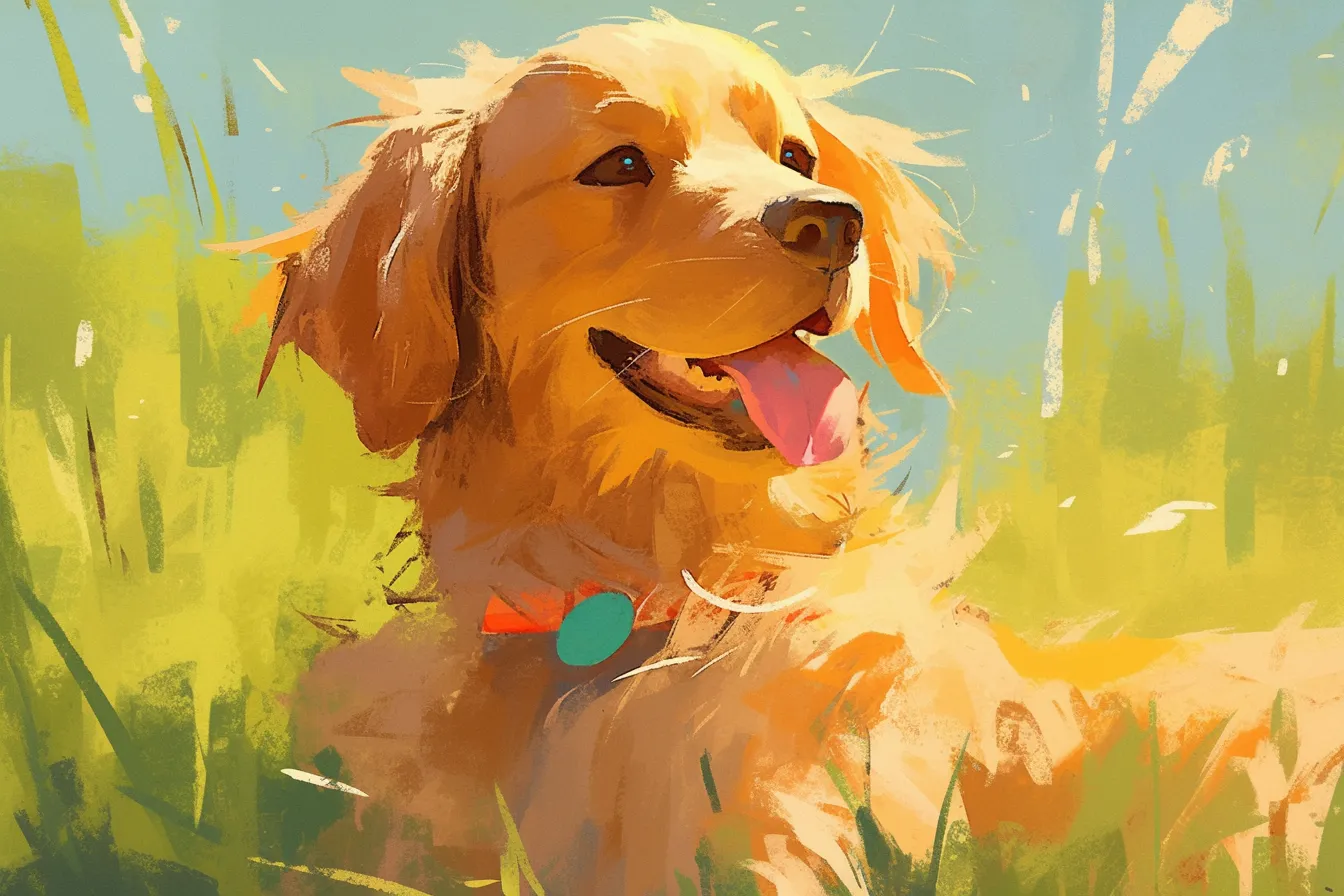 草原で輝く犬の絵｜光を浴びて草原にいる犬の絵は、鮮やかな色使いと表情豊かな描写が特徴です。爽やかな印象がアウトドア関連や広告キャンペーンに効果的なビジネス写真素材です。