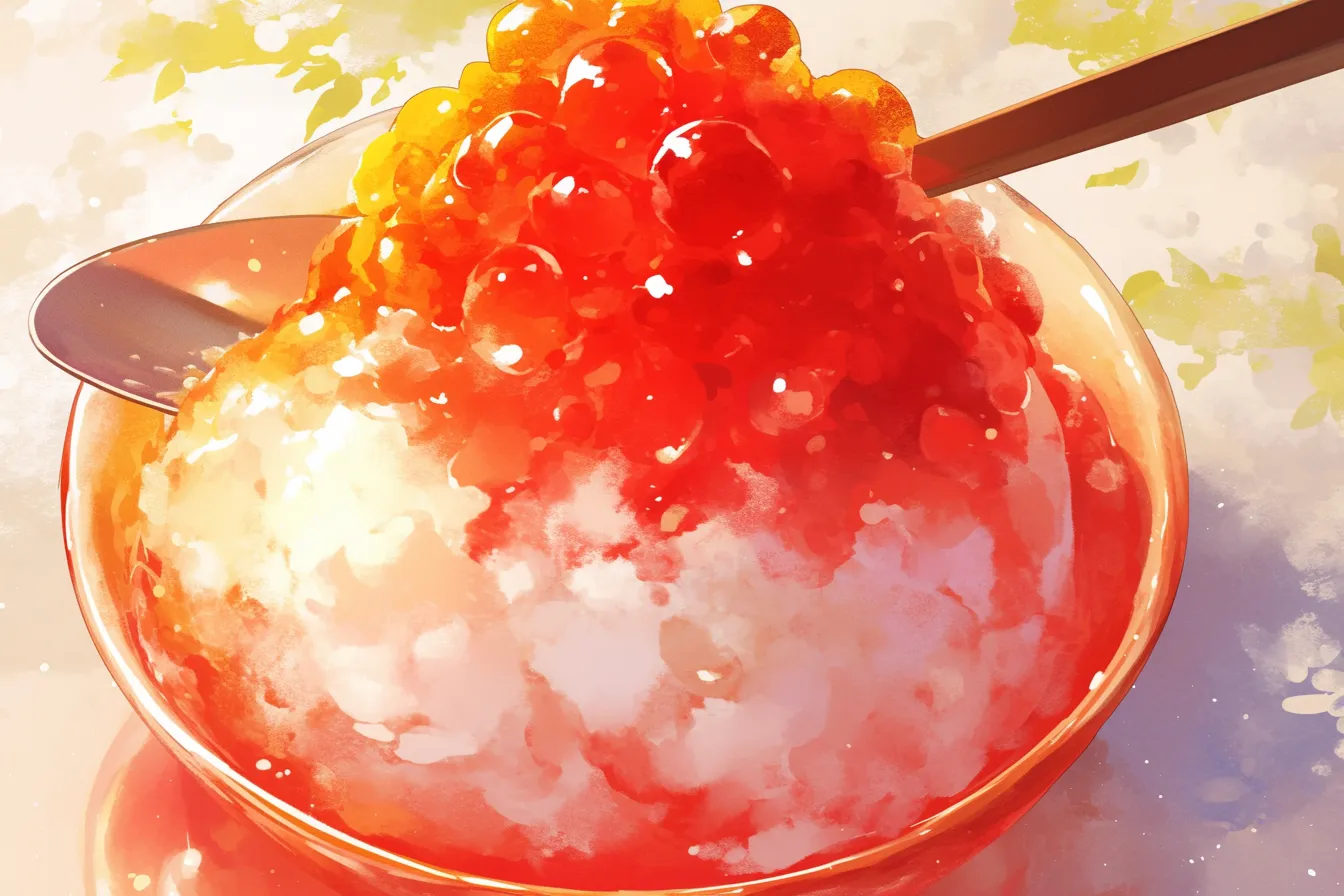 果実感あふれる赤いかき氷の絵｜たっぷりとかけられた赤いシロップがきらめくかき氷の絵は、みずみずしさと甘美な印象を伝えるビジネス素材です。スイーツ広告や季節商品の演出に適しています。