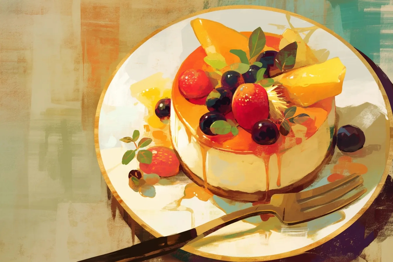 フルーツたっぷり華やかなケーキの絵｜彩り豊かなフルーツが盛り付けられたケーキの絵は、高級感と華やかさを兼ね備えたビジネス素材です。カフェや洋菓子店の宣伝に活用しやすい表現です。