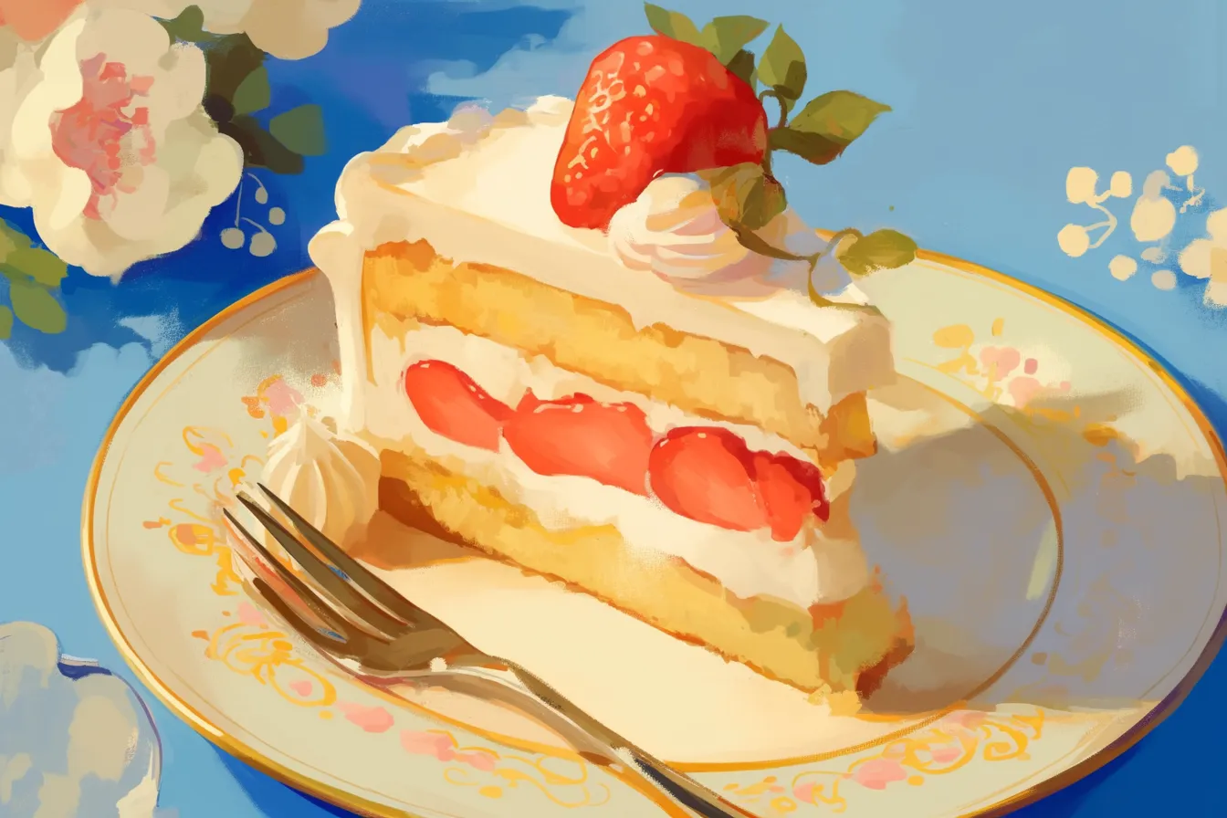 苺が映えるクラシックなケーキの絵｜シンプルながら上品に苺を飾ったケーキの絵は、清潔感と親しみやすさを感じさせる素材です。家庭的な広告や飲食関連の販促に適しています。