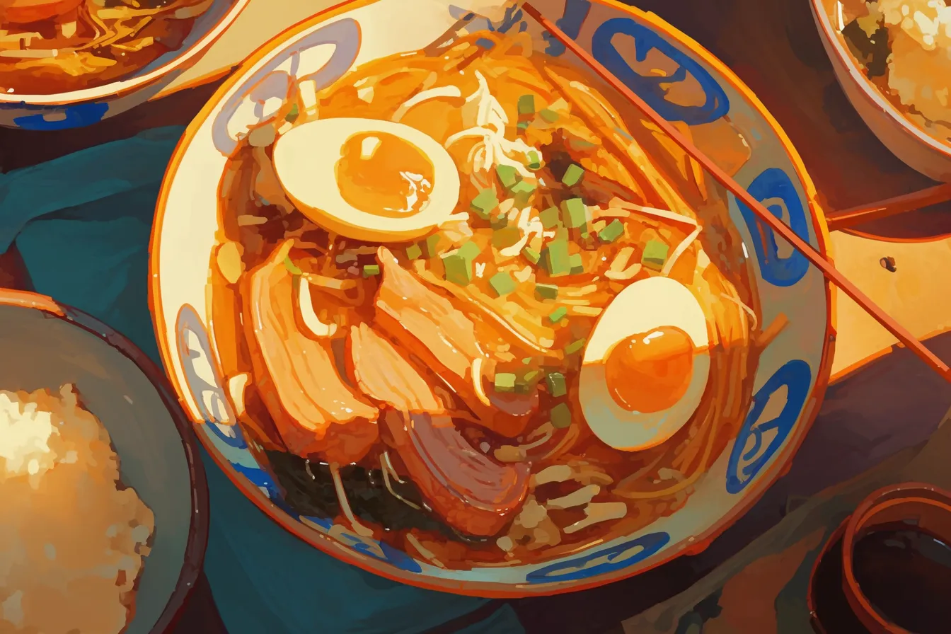 食卓を彩るボリューム感あるラーメンの絵｜具材がたっぷり盛り付けられたラーメンの絵は、活気ある食事シーンを表現できる素材です。広告やグルメ情報誌の挿絵として活用可能です。