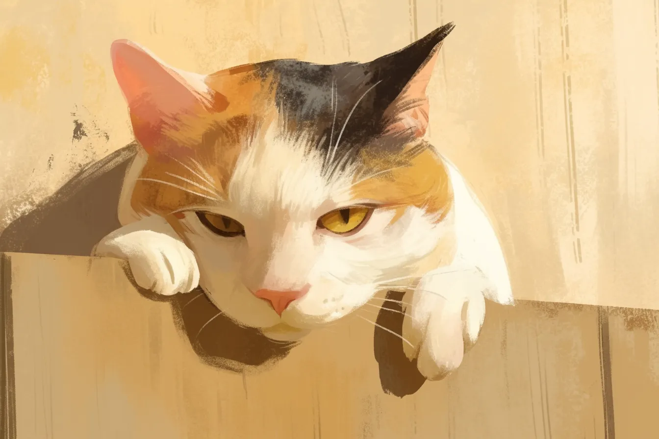 木目の隙間から覗く猫の絵｜柔らかな光に包まれたリアルな筆致で表現された猫の絵。木目の質感と猫の存在感が調和し、生活感のあるシーン素材として活用可能。広告やブログの挿絵に適しています。
