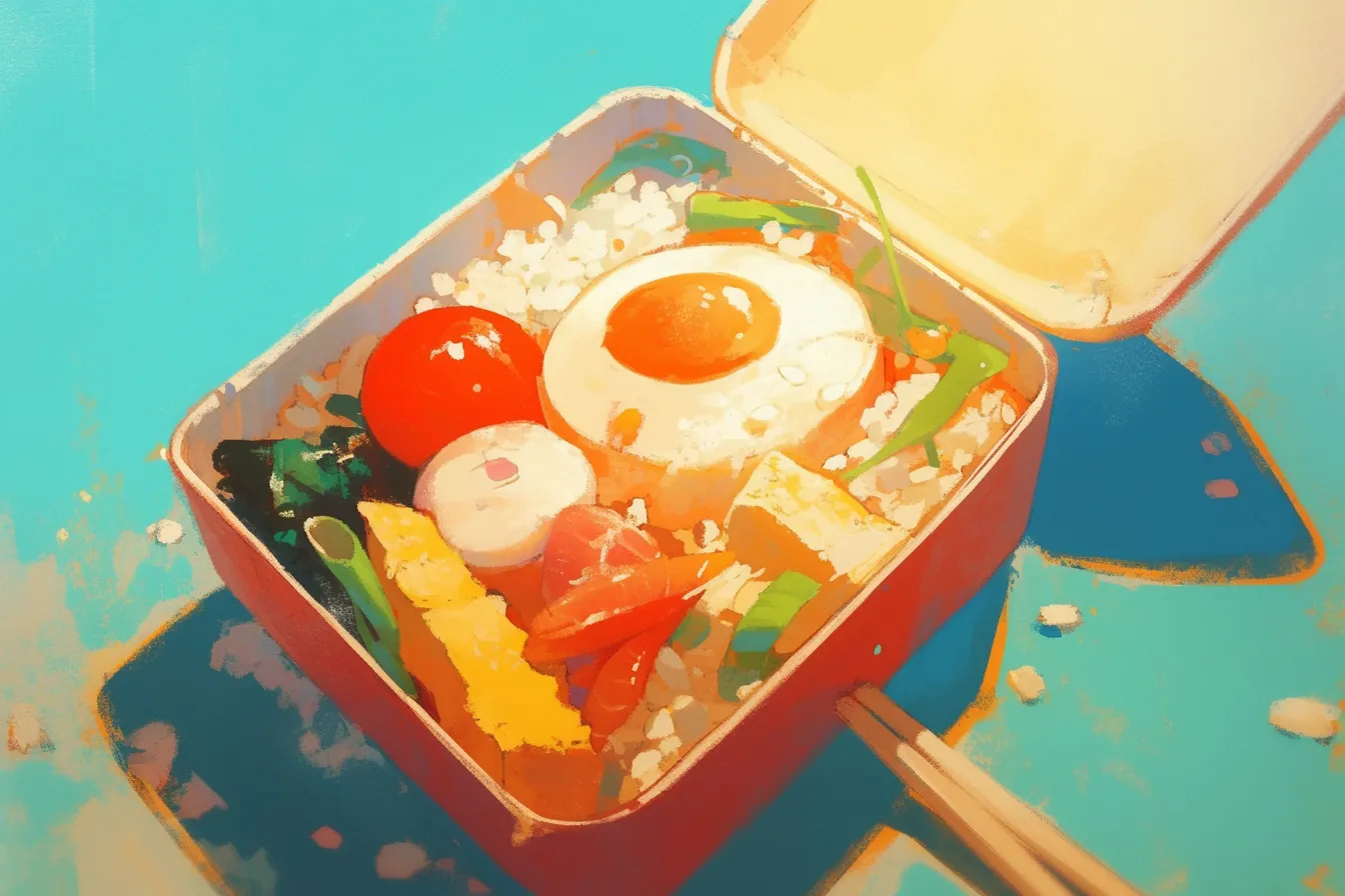彩り豊かなお弁当の絵｜明るい配色と柔らかなタッチで描かれた彩り豊かなお弁当の絵です。ビジネス写真素材として食文化や生活シーンの表現に活用でき、視覚的な鮮度と健康的な印象を与えます。