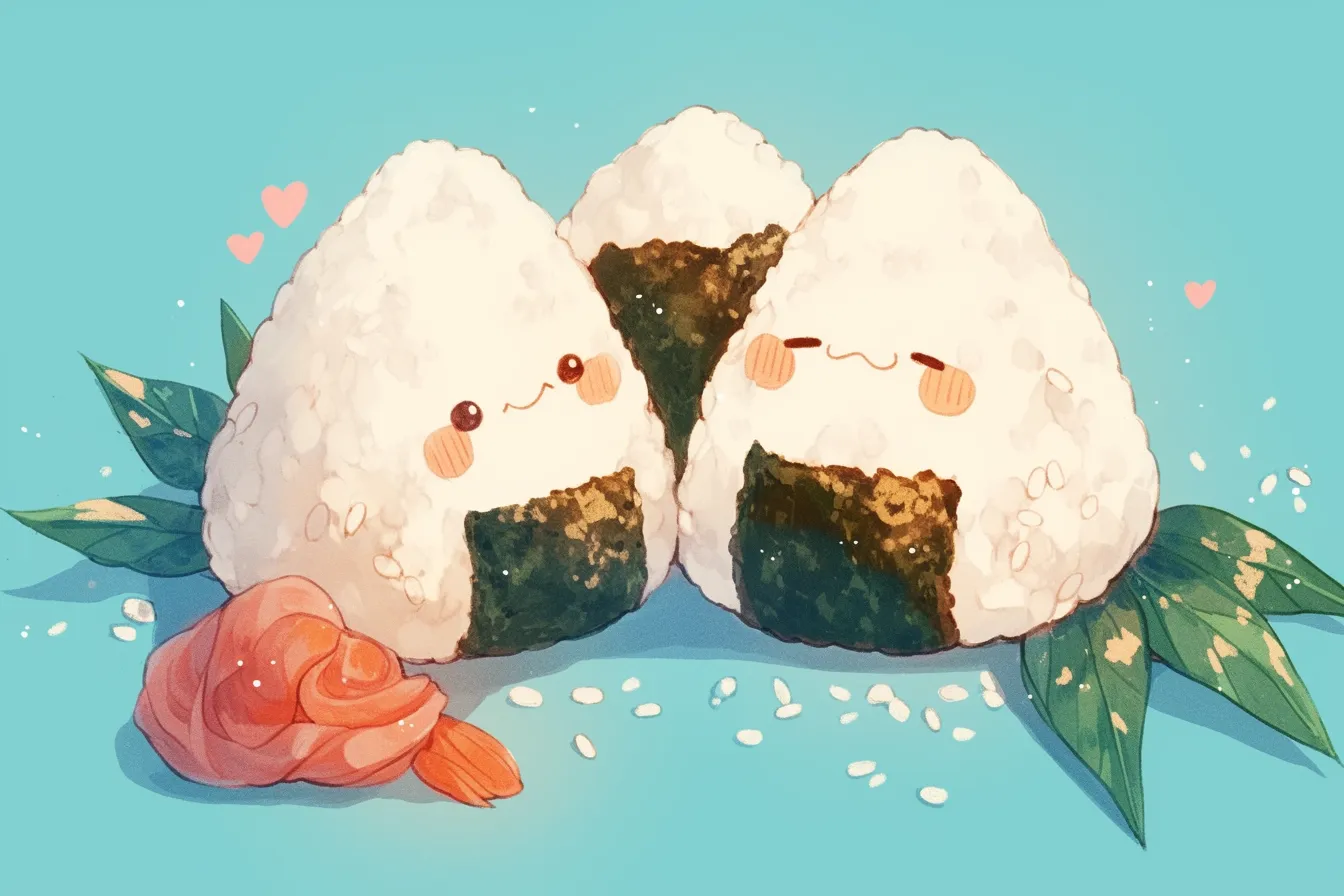 かわいいおにぎりのお弁当の絵｜ゆるい表情が描かれたかわいいおにぎりのお弁当の絵です。親しみやすい雰囲気があり、広告やイラスト素材としてカジュアルな用途に適しています。