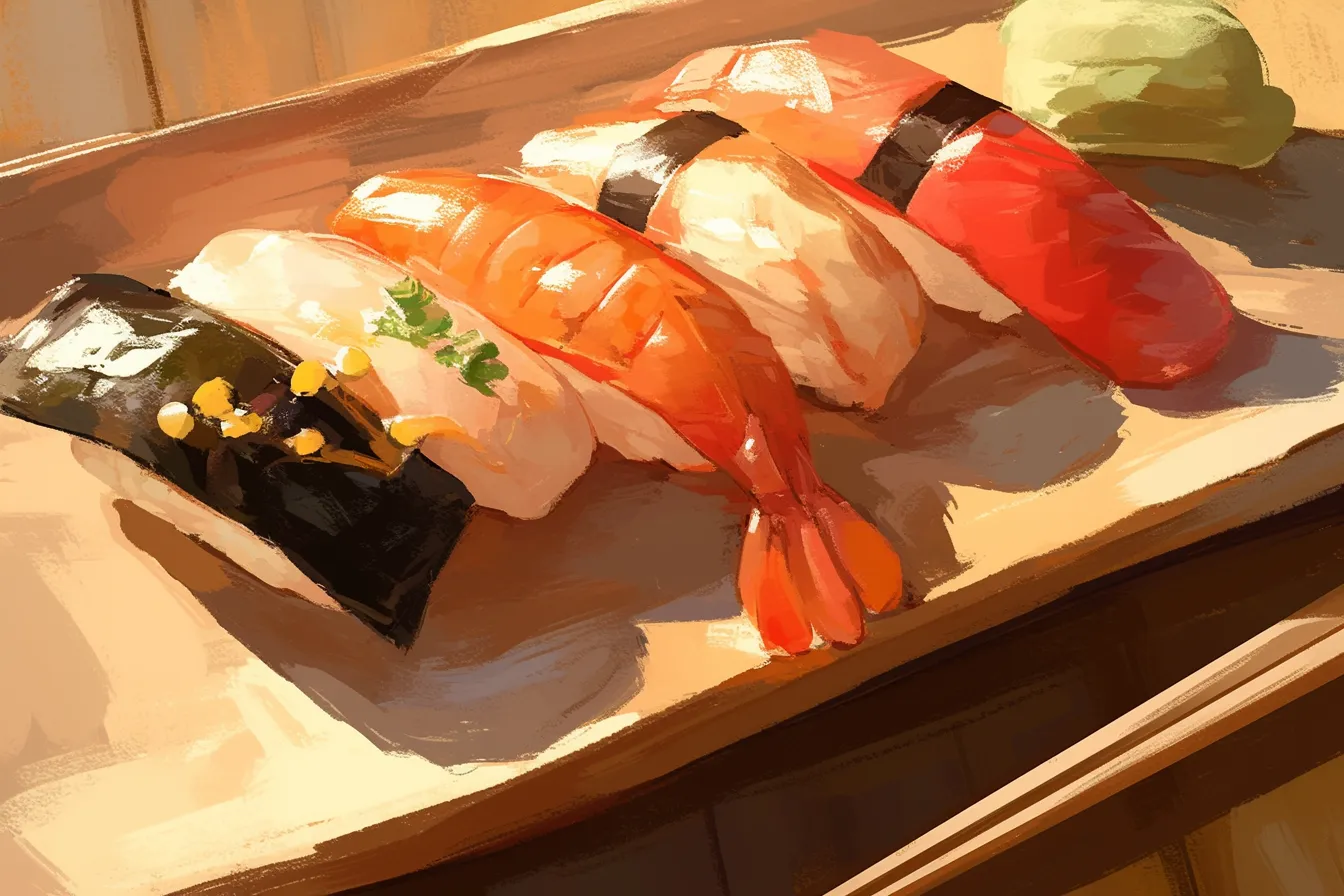伝統的な握り寿司の絵｜木の温かみある台に盛られた握り寿司の絵は、筆致の残るタッチでリアル感と柔らかさを表現しています。飲食店の広告や和食の紹介素材として活用しやすい構図です。