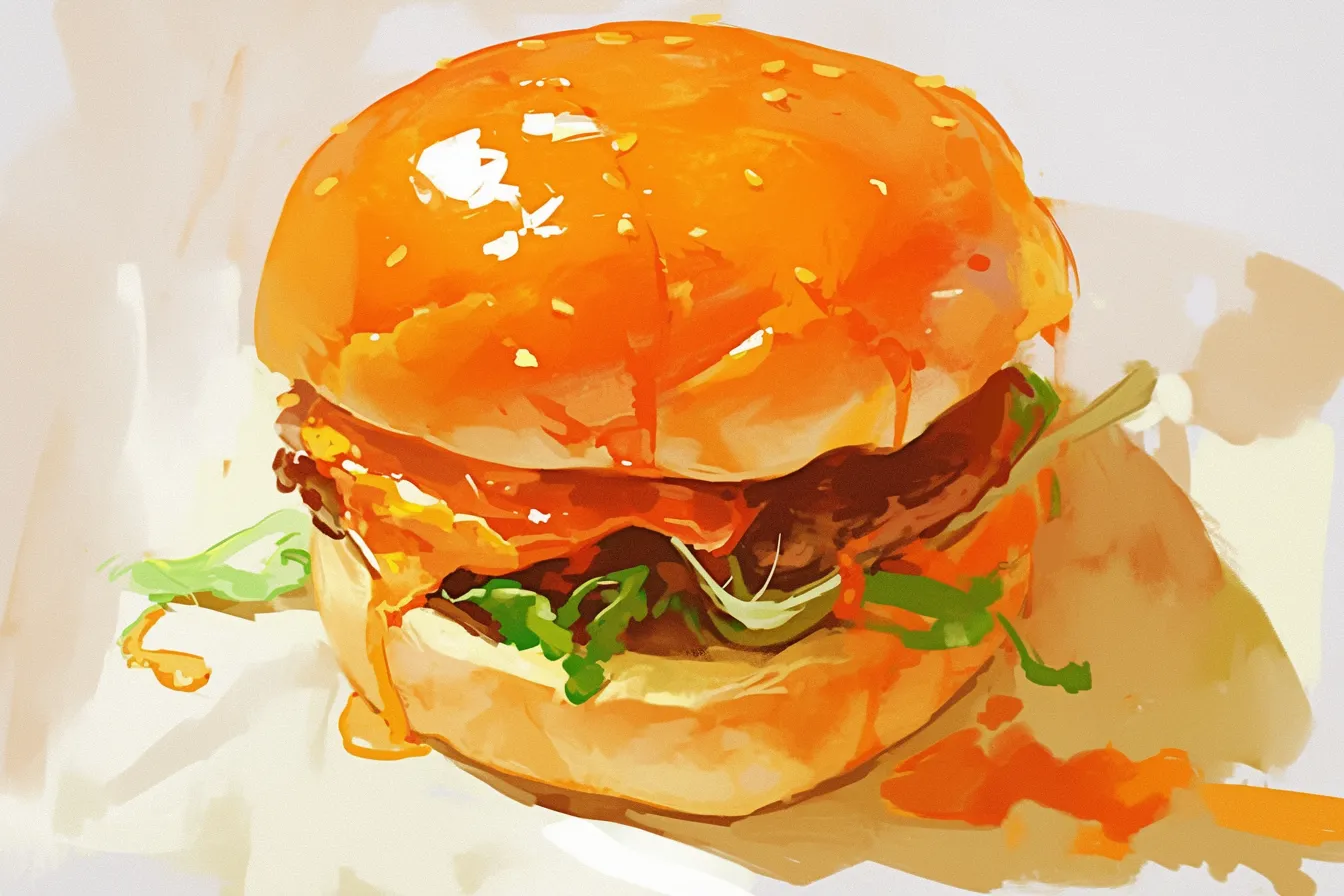 ジューシーさが映えるハンバーガーの絵｜鮮やかなタッチで描かれたハンバーガーの絵は、ソースの艶感やバンズの柔らかさが際立ち、広告素材としても映える存在感があります。ポップでありながら上品な表現は、飲食業界のプロモーションに活用しやすいデザインです。