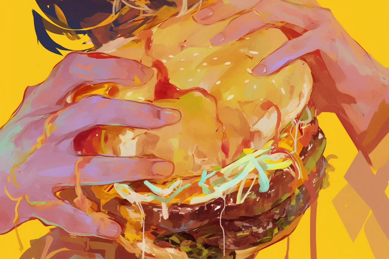 迫力満点に描かれたハンバーガーの絵｜大きく手で持つ姿を強調したハンバーガーの絵は、エネルギッシュでインパクトのあるビジュアルに仕上がっています。鮮やかな背景と組み合わせることで販促効果が高まり、ビジネス写真素材として強い印象を与えます。