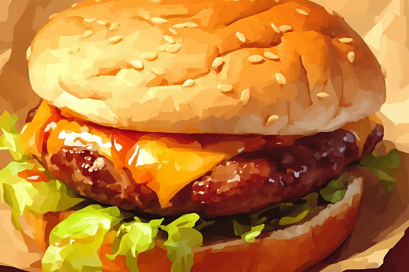 クラシックな雰囲気のハンバーガーの絵｜リアル寄りの表現で丁寧に描かれたハンバーガーの絵は、王道の美味しさを想起させる安定感のあるスタイルです。清潔感と食欲をそそる質感が両立しており、幅広い業種で使えるビジネス素材として活躍します。