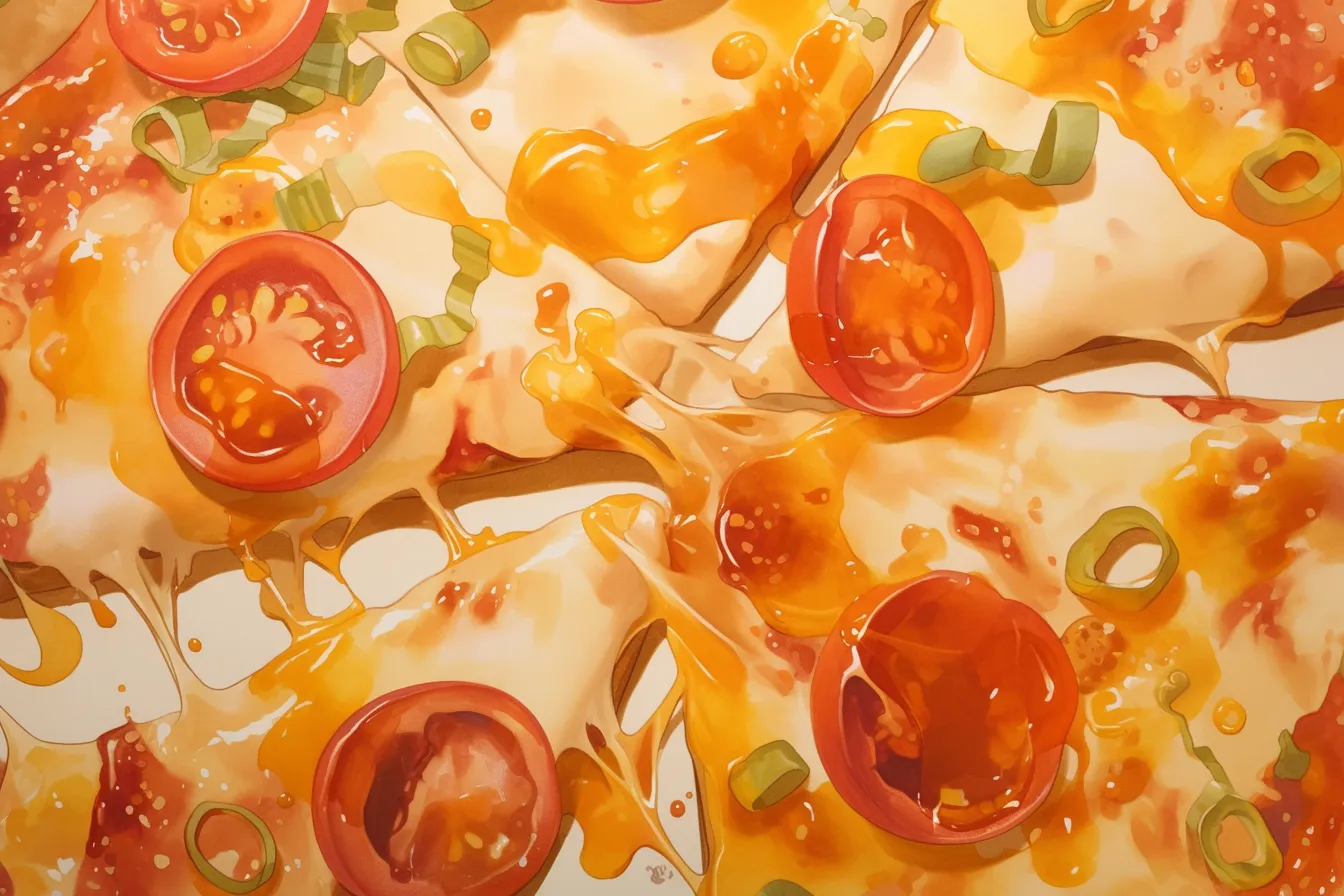 トマトとチーズがとろけるピザの絵｜鮮やかなトマトとたっぷりのチーズが強調されたピザの絵は、食欲をそそるリアルな描写が特徴で、飲食店の広告やメニュー素材として効果的に活用できます。