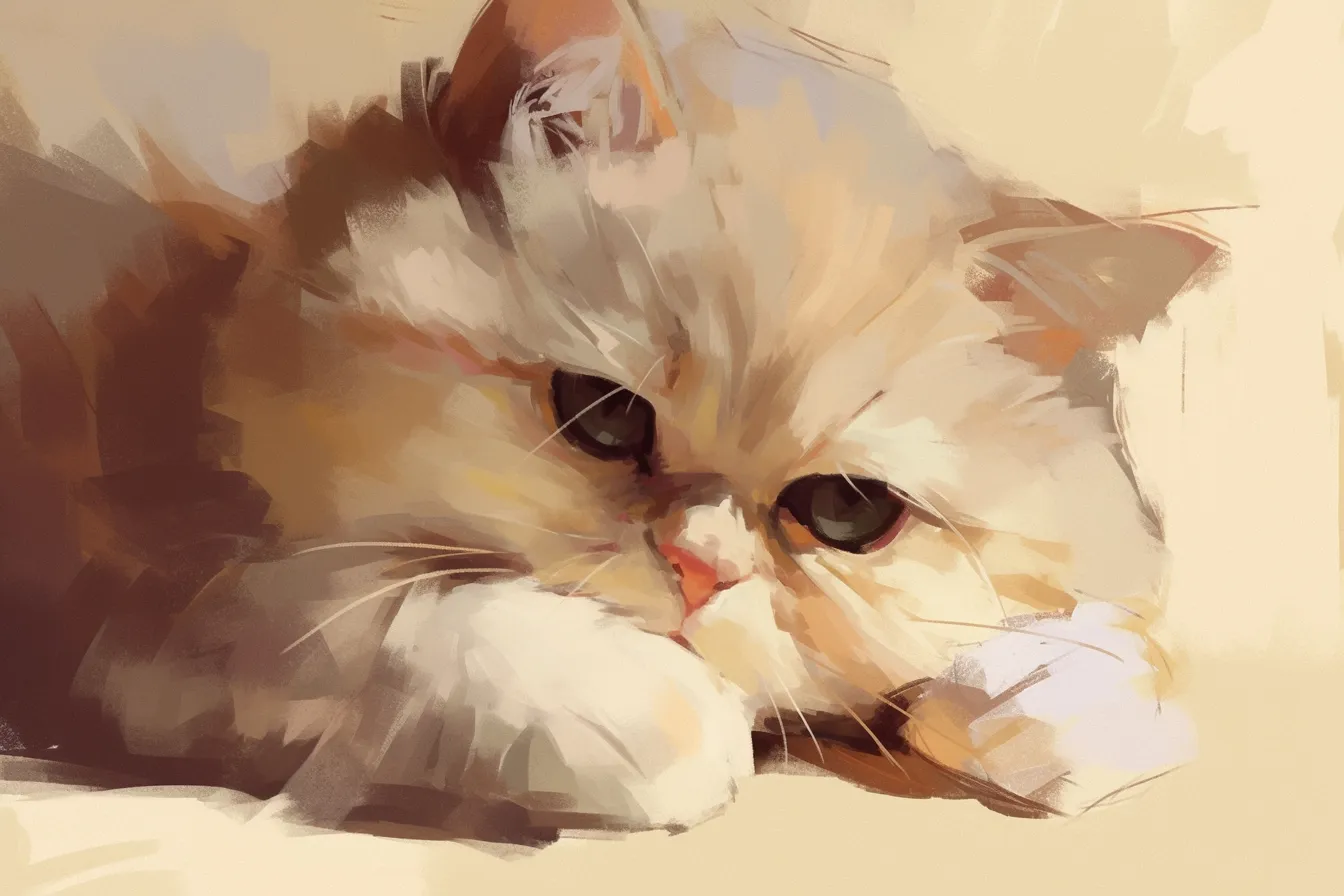 ふわもこ子猫のアップ猫の絵｜毛並みの柔らかさを絵筆のタッチで丁寧に描いた猫の絵。暖色系の背景と調和し、優しい雰囲気が漂うため、ペット関連のビジュアル素材に有効です。
