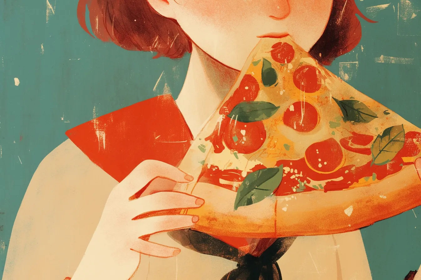 ピザを食べる少女のピザの絵｜ピザを手にした少女を描いたピザの絵は、親しみやすいイラスト調でカジュアルな雰囲気があり、若者向け広告やSNSプロモーションに活用できます。