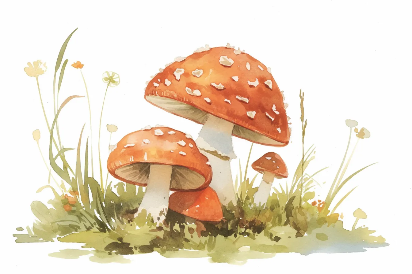 自然の中に映えるきのこの絵｜シンプルで透明感のあるタッチで描かれたきのこの絵は、自然の温もりを伝える柔らかな印象を与えます。清潔感のある表現は、健康やエコ関連のビジネス素材として親和性が高いデザインです。