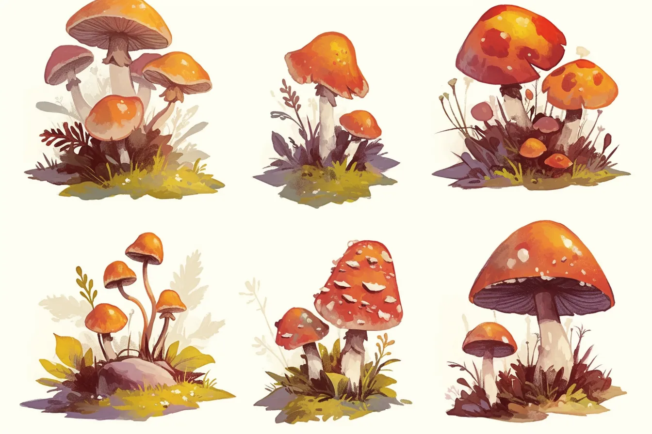 多様な形を描いたきのこの絵｜バリエーション豊かに描かれたきのこの絵は、個々の形や色合いが際立つ構成になっています。遊び心と統一感が両立しており、教育系や商品パッケージなど幅広く利用可能なビジネス写真素材です。
