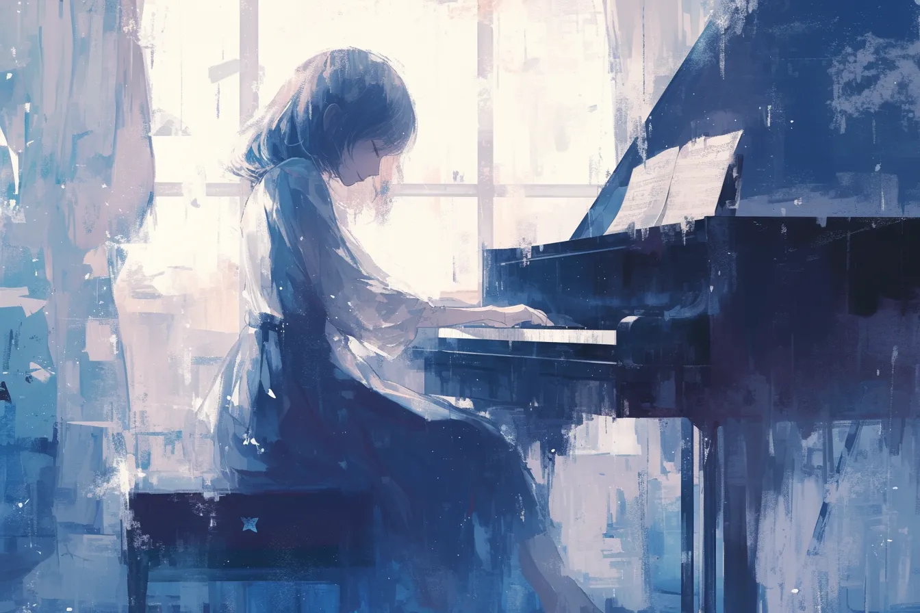 静謐な空間に響くピアノの絵｜淡いブルーの色彩で描かれたピアノの絵は、落ち着きと透明感を兼ね備えた表現です。穏やかな雰囲気は教育や文化関連のビジネス素材として活用しやすいデザインです。