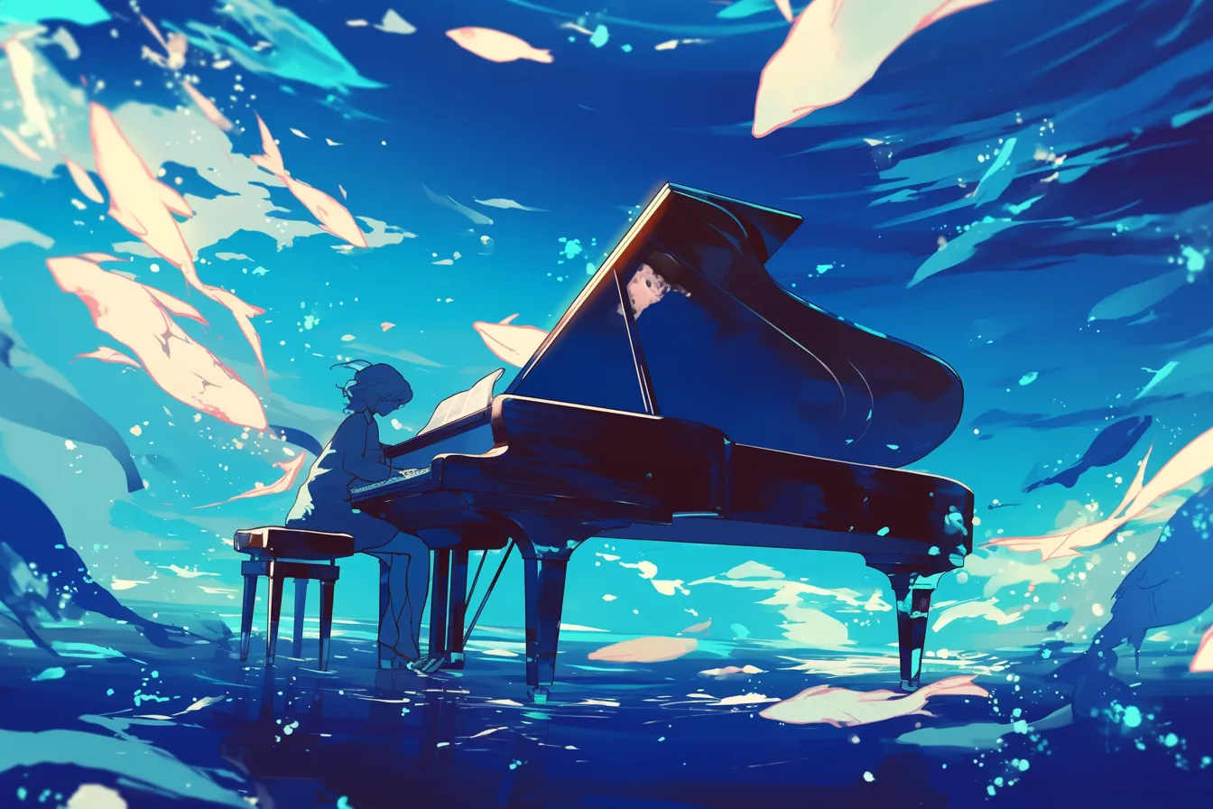 幻想的な海とともにあるピアノの絵｜海中を思わせる幻想的な世界に描かれたピアノの絵は、独創的で非日常感のあるスタイルです。アート性を重視した広告やデザイン案件に適したビジネス写真素材です。