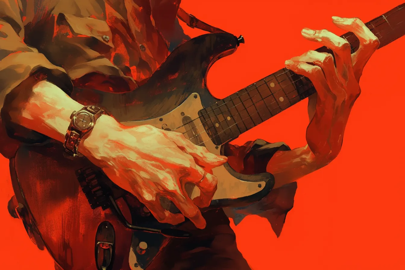 情熱的に演奏するギターの絵｜力強いタッチで演奏シーンを描いたギターの絵は、動きと迫力を前面に出した表現が特徴です。赤を基調にした背景が視覚的なインパクトを高め、ライブ感を伝えるビジネス写真素材として効果的です。
