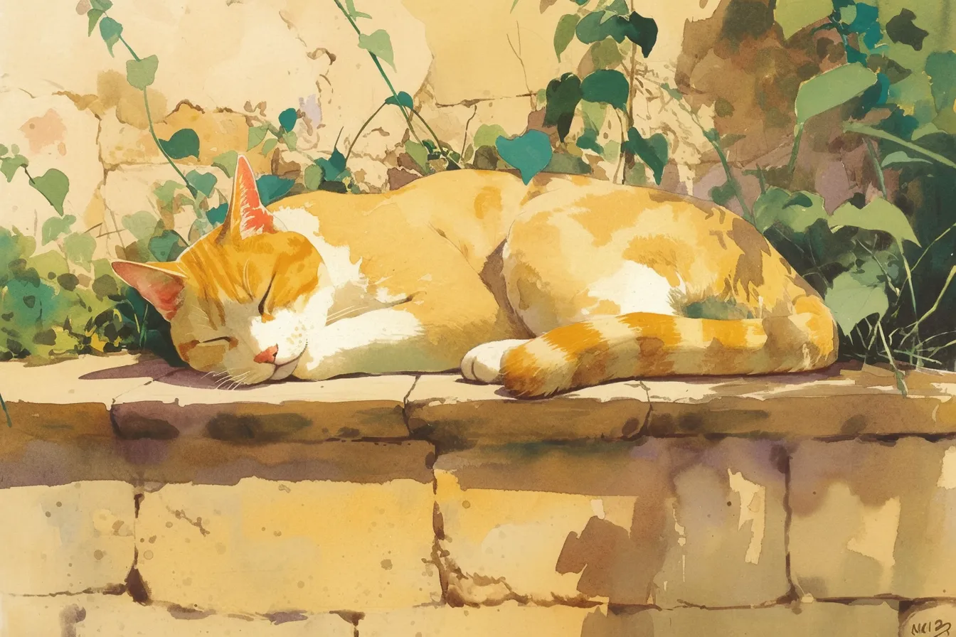 日向で眠る茶トラ猫の絵｜自然光を受けながら穏やかに眠る様子を水彩調で表現した猫の絵。リラックス感と心地よさを伝え、旅行やライフスタイル記事のイメージに最適です。