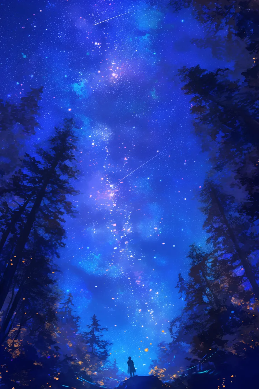 幻想的に広がる夜空の絵｜深い森の中から見上げる夜空の絵は、星々の輝きと人物のシルエットが物語性を感じさせます。広告やイベントビジュアルに使える印象的なビジネス写真素材です。