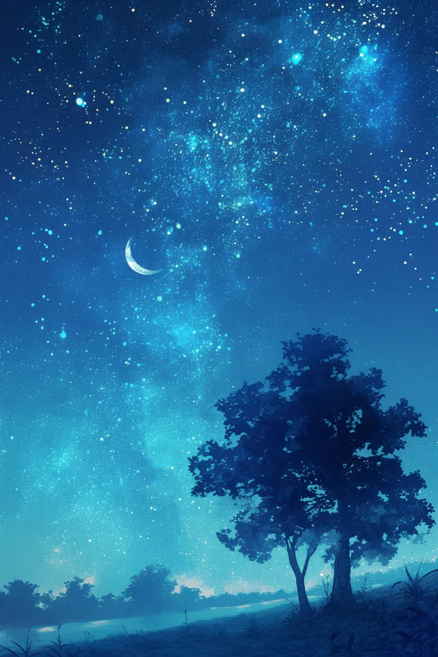 月と星が調和する夜空の絵｜三日月と満天の星を描いた夜空の絵は、静けさと安らぎを演出しています。落ち着いた色合いが、癒し系のサービスや文化関連のビジネスに適した素材です。