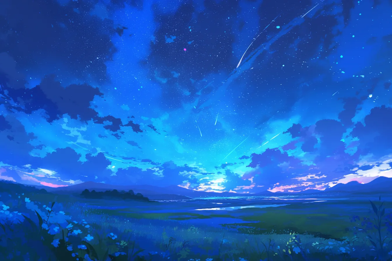 流星群を描いた夜空の絵｜広がる草原の上に流星が散りばめられた夜空の絵は、ダイナミックさとロマンチックさが共存します。旅行や観光のプロモーションに効果的なビジネス写真素材です。